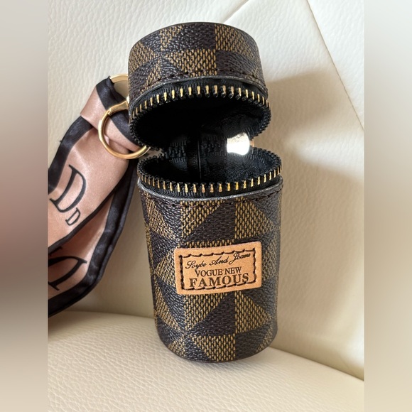 Fashion Print Mini Zip Barrel Purse Keychain Charm Brown Black Mini Scarf Accent - Picture 5 of 8